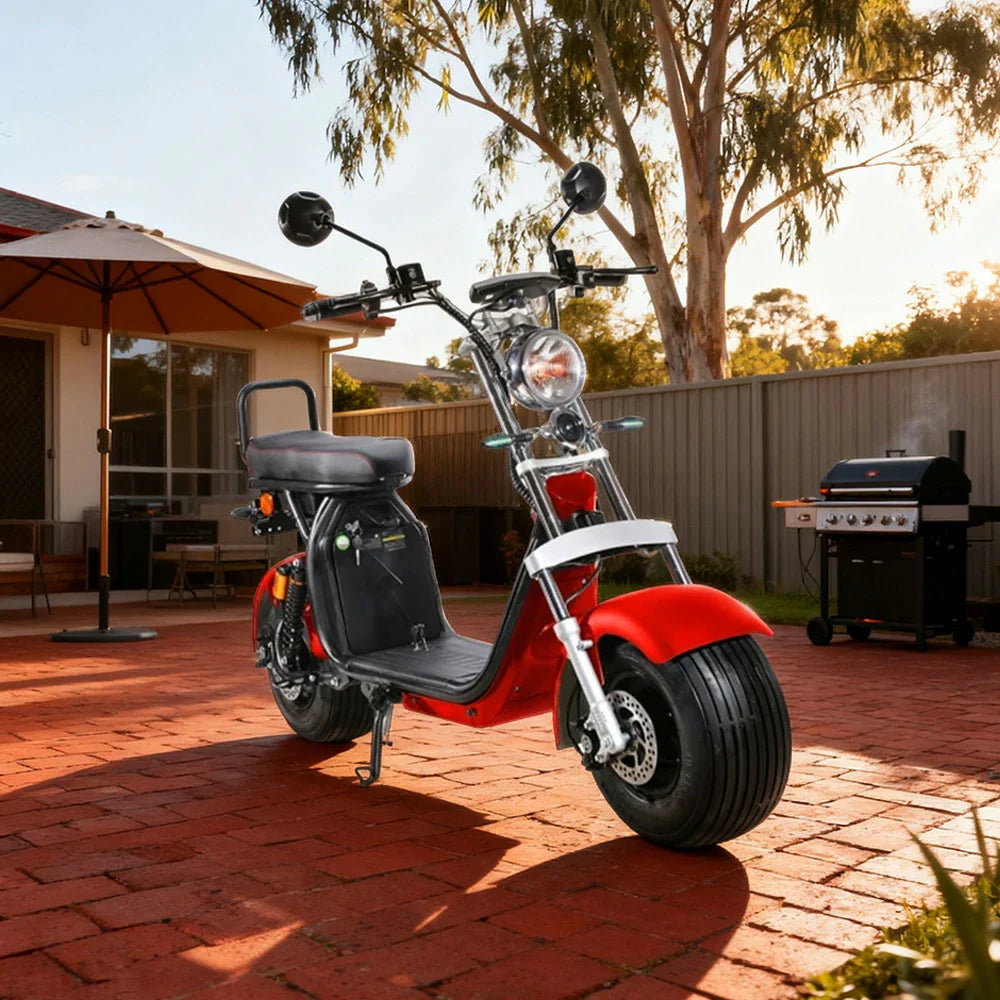 AKEZ Harley Electric Scooter 1500W Motor with 60V 20Ah Lithium Battery - Seamless Steel Frame, Extended Range, Dual Suspension - Red | Cruise at 25km/h | Unlock More Power (Details Inside)*