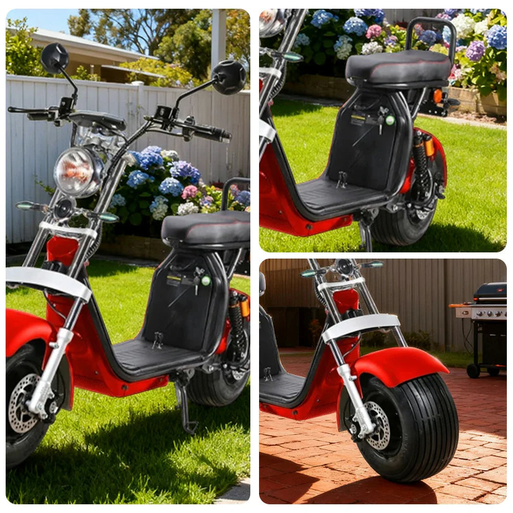 AKEZ Harley Electric Scooter 1500W Motor with 60V 20Ah Lithium Battery - Seamless Steel Frame, Extended Range, Dual Suspension - Red | Cruise at 25km/h | Unlock More Power (Details Inside)*
