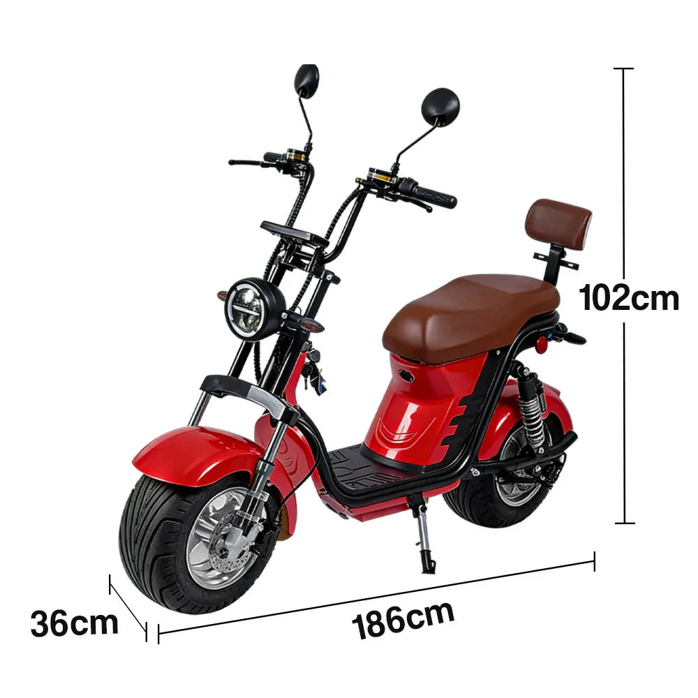 AKEZ Harley Electric Scooter 1500W 60V 20Ah Lithium Battery - Seamless Steel Frame, Dual Suspension & Disc Brakes - Red | Cruise at 25km/h | Unlock More Power (Details Inside)*