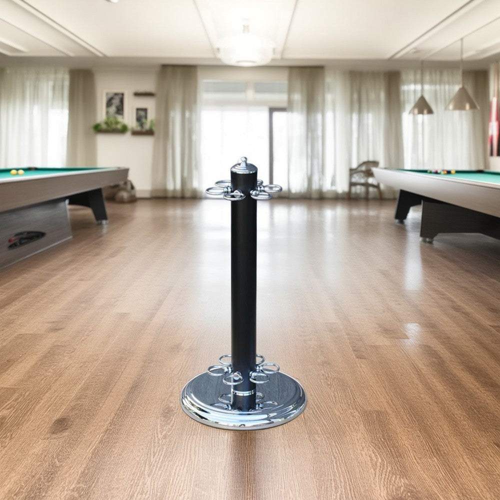 ARIX - Base Round Stable and Finish Chrome & Black with Holder Freestanding 6-Cue Stand, Cue Metal Chrome Black
