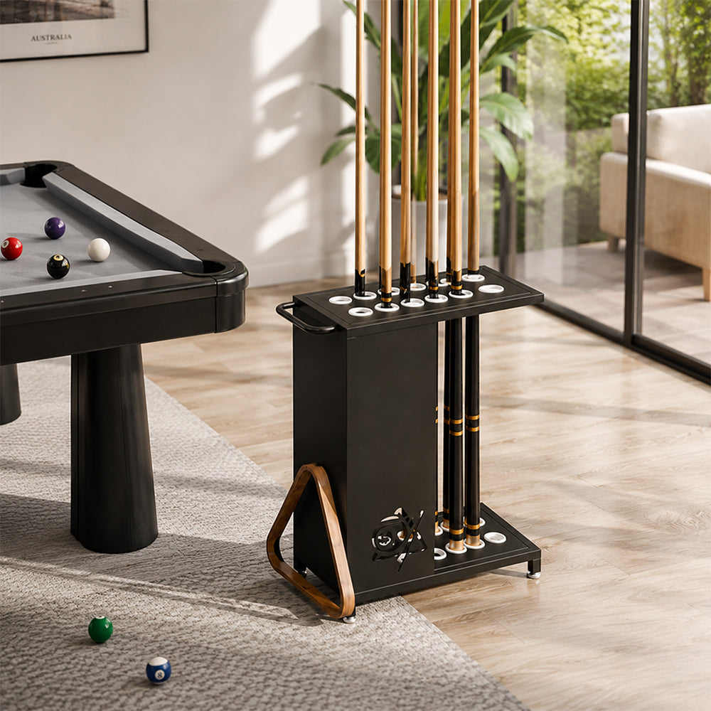 ARIX 12-Hole Billiard Cue Rack Thickened Metal Multi-Cue Storage with Accessory Holder for Game Room & Bar - Black