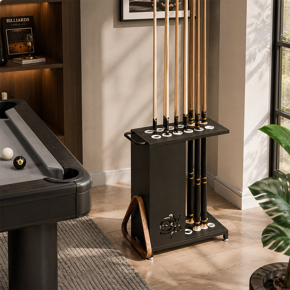 ARIX 12-Hole Billiard Cue Rack Thickened Metal Multi-Cue Storage with Accessory Holder for Game Room & Bar - Black