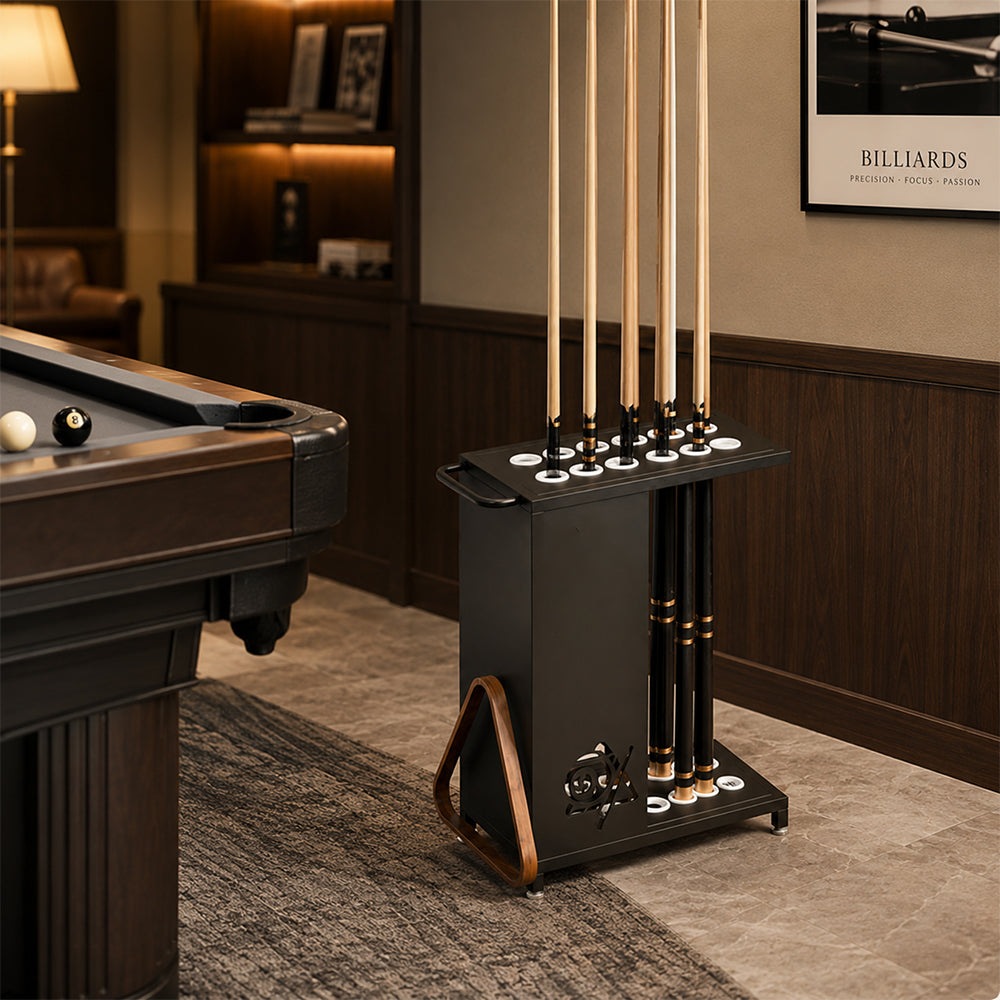 ARIX 12-Hole Billiard Cue Rack Thickened Metal Multi-Cue Storage with Accessory Holder for Game Room & Bar - Black