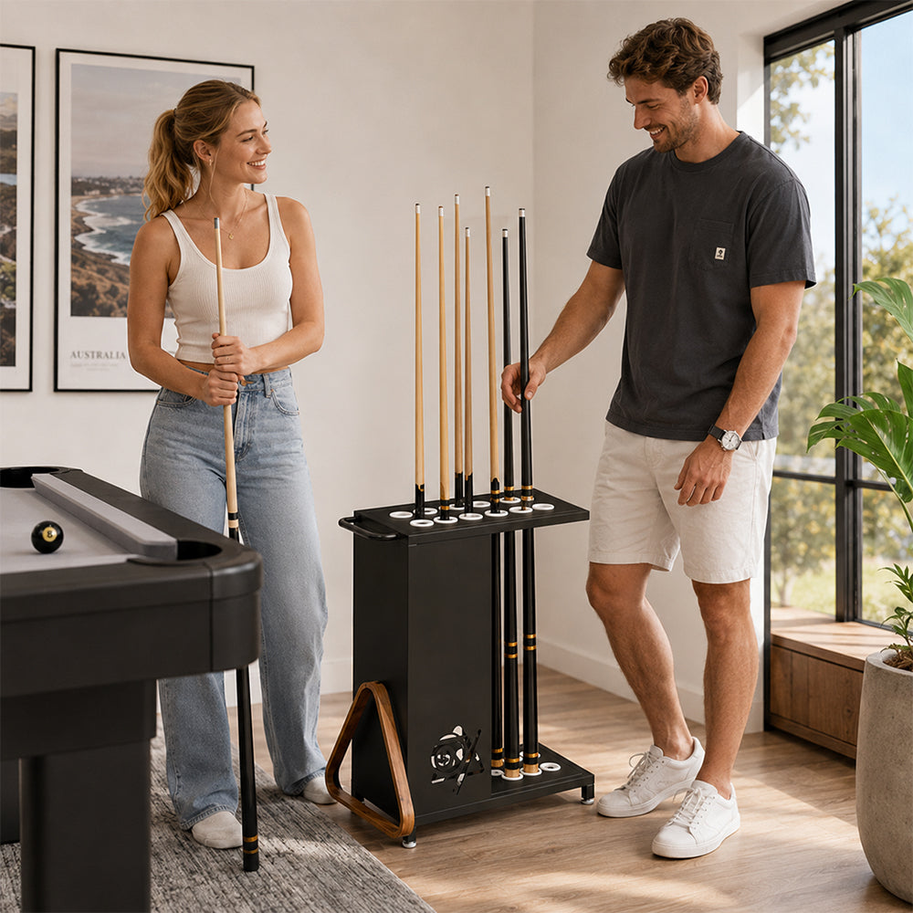 ARIX 12-Hole Billiard Cue Rack Thickened Metal Multi-Cue Storage with Accessory Holder for Game Room & Bar - Black