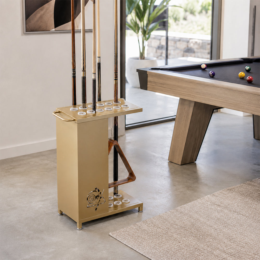 ARIX 12-Hole Billiard Cue Rack Thickened Metal Multi-Cue Storage with Accessory Holder for Game Room & Bar - Gold