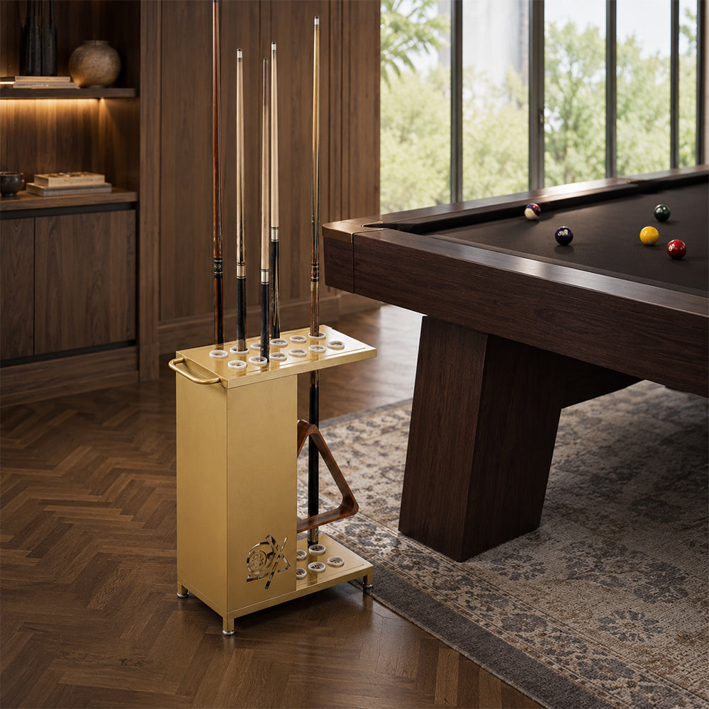 ARIX 12-Hole Billiard Cue Rack Thickened Metal Multi-Cue Storage with Accessory Holder for Game Room & Bar - Gold