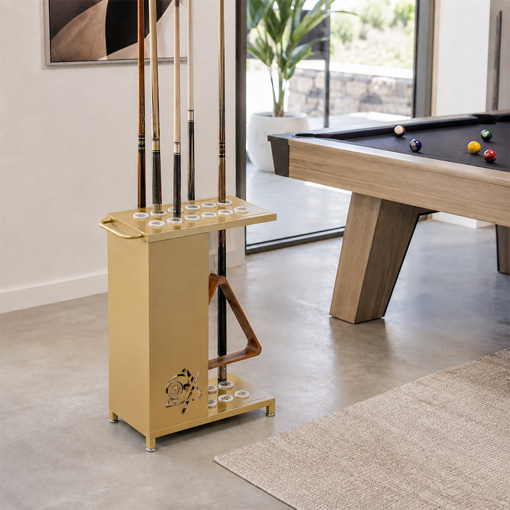 ARIX 12-Hole Billiard Cue Rack Thickened Metal Multi-Cue Storage with Accessory Holder for Game Room & Bar - Gold