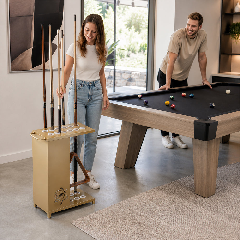 ARIX 12-Hole Billiard Cue Rack Thickened Metal Multi-Cue Storage with Accessory Holder for Game Room & Bar - Gold