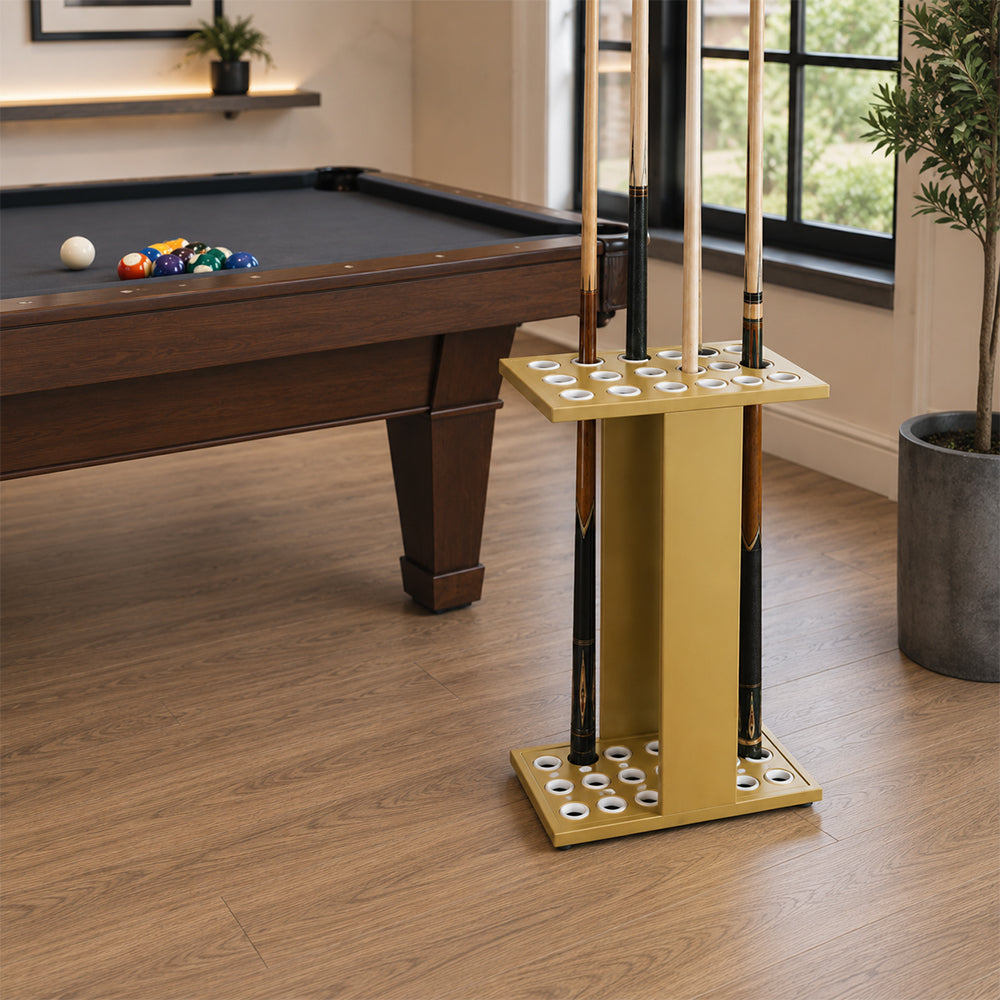ARIX 18-Hole Billiard Cue Rack Thickened Metal Multi-Cue Storage with Accessory Holder for Game Room & Bar - Gold
