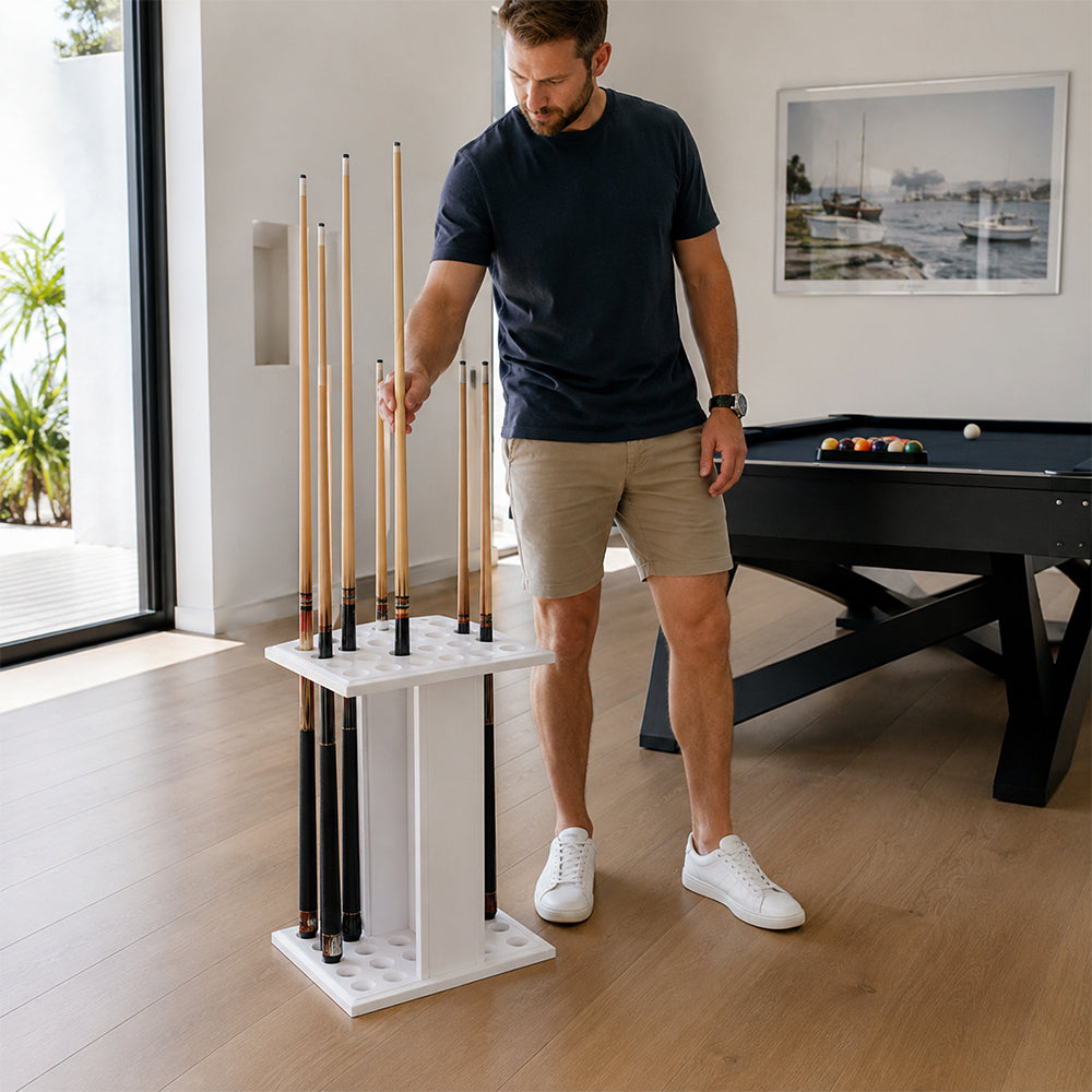 ARIX 18-Hole Billiard Cue Rack Thickened Metal Multi-Cue Storage with Accessory Holder for Game Room & Bar - White