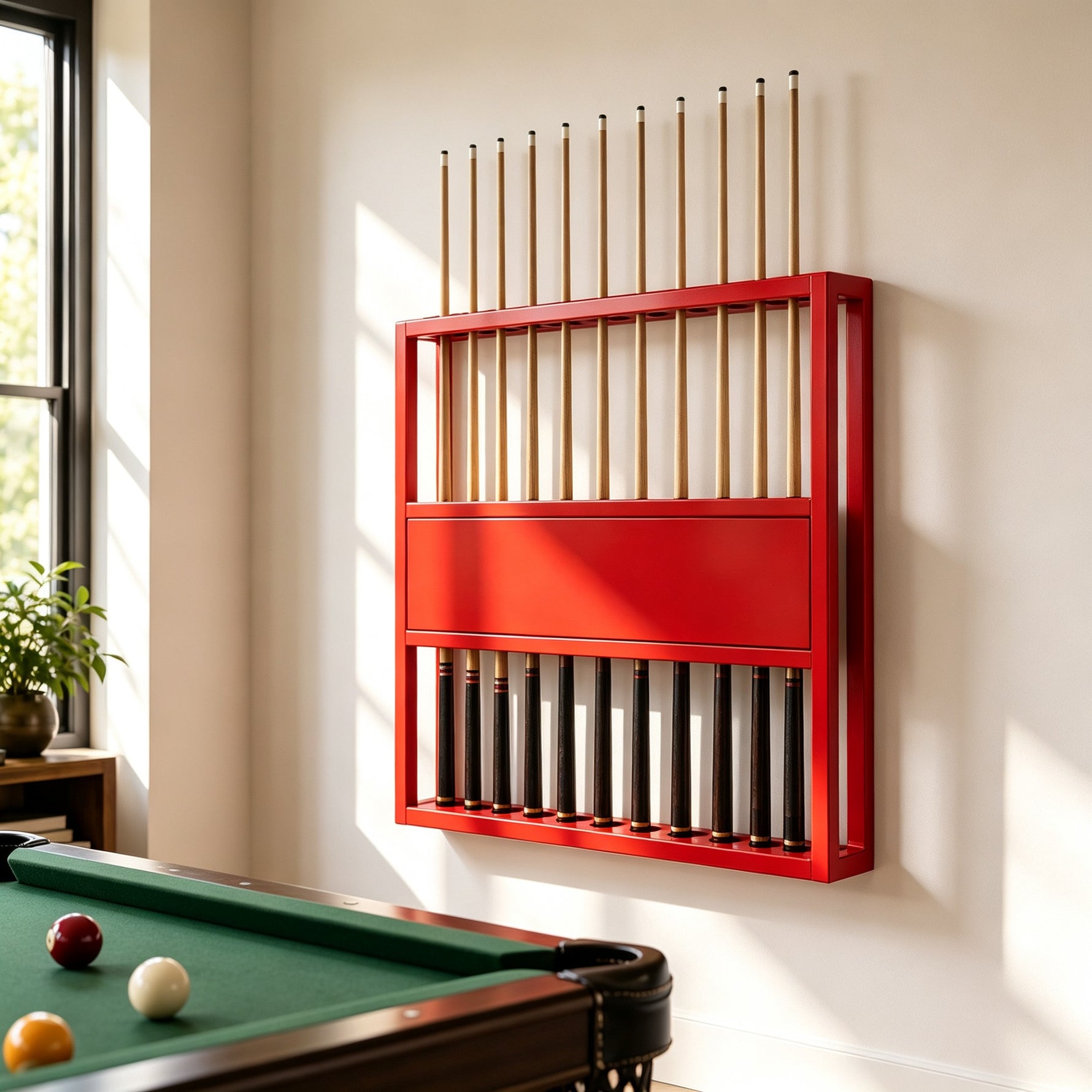 ARIX 9-Hole Billiard Cue Rack Thickened Metal Multi-Cue Storage with Rubber Protection for Game Room & Bar - Red