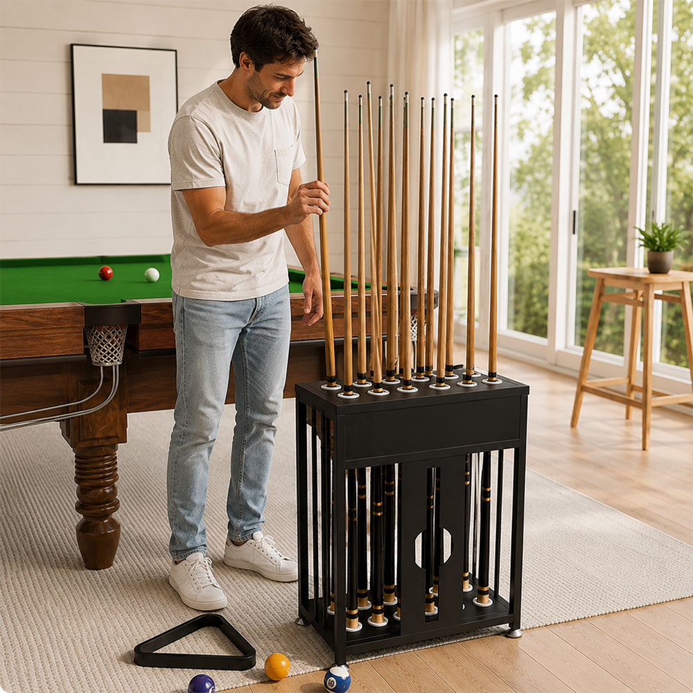 ARIX 20-Hole Billiard Cue Rack Thickened Metal Multi-Cue Storage with Rubber Protection for Game Room & Bar - Black