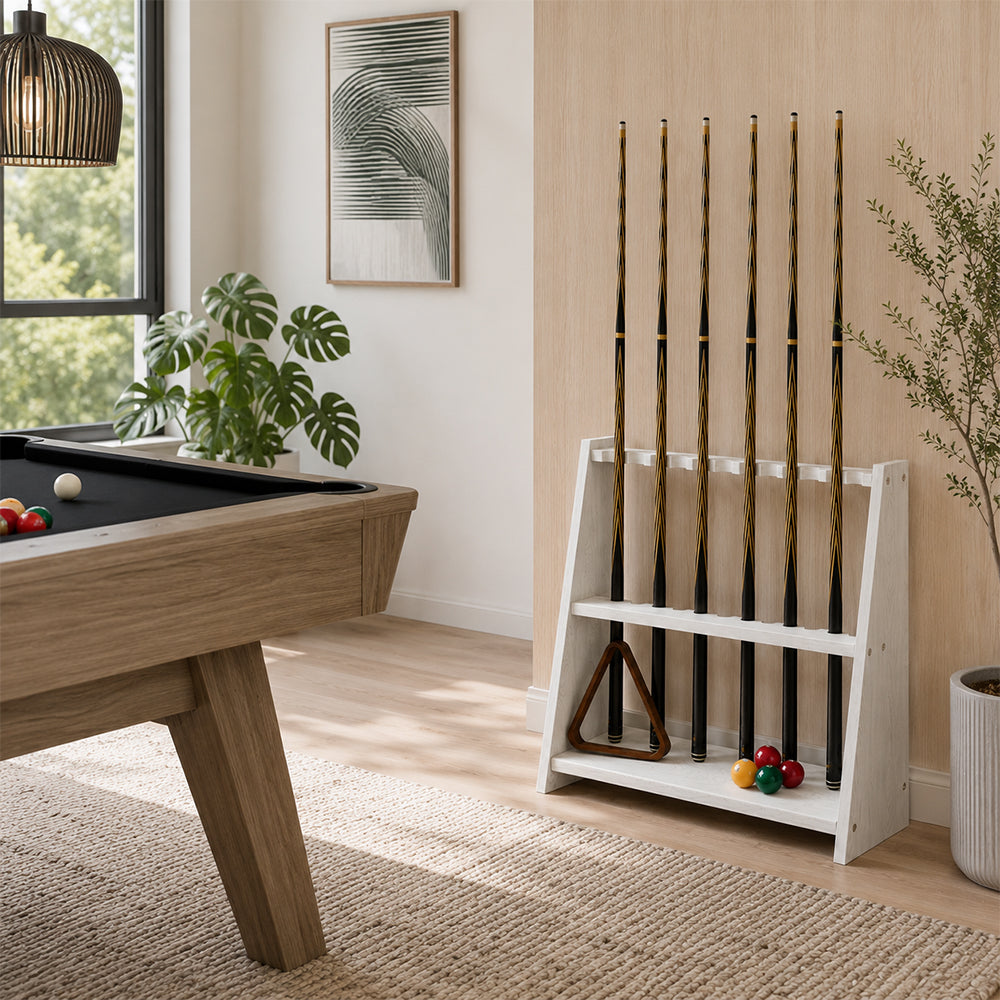 ARIX Pool Cue Rack Thickened Wood-Grain Trapezoid 10-Hole Billiard Cue Stand for Home, Game Room, Bar & Club - White