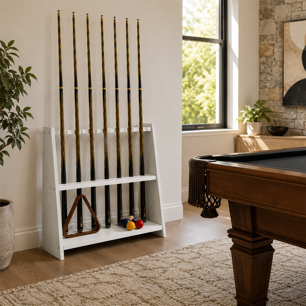 ARIX Pool Cue Rack Thickened Wood-Grain Trapezoid 10-Hole Billiard Cue Stand for Home, Game Room, Bar & Club - White
