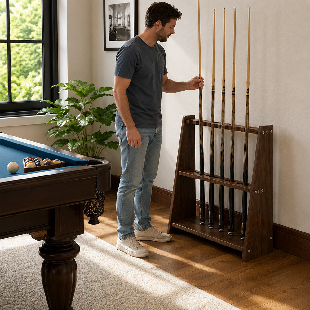 ARIX Pool Cue Rack Thickened Wood-Grain Trapezoid 10-Hole Billiard Cue Stand for Home Game Room Bar & Club - Brown