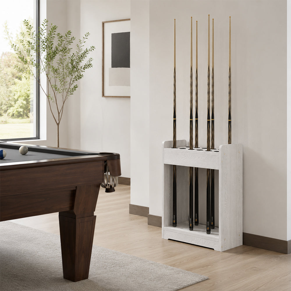 ARIX Pool Cue Rack Thickened Wood-Grain Cabinet-Style 12-Hole Billiard Cue Stand for Home Game Room Bar & Club - White