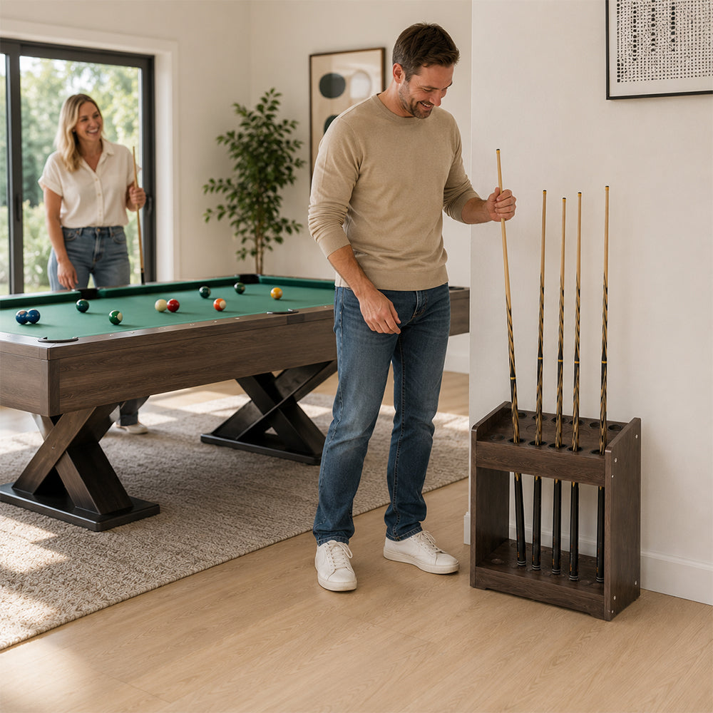 ARIX Pool Cue Rack Thickened Wood-Grain Cabinet-Style 12-Hole Billiard Cue Stand for Home Game Room Bar & Club - Brown