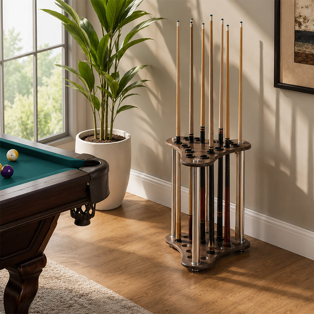 ARIX Pool Cue Rack Thickened Wood-Grain 12-Hole Billiard Cue Stand for Home Game Room Bar & Club - Brown