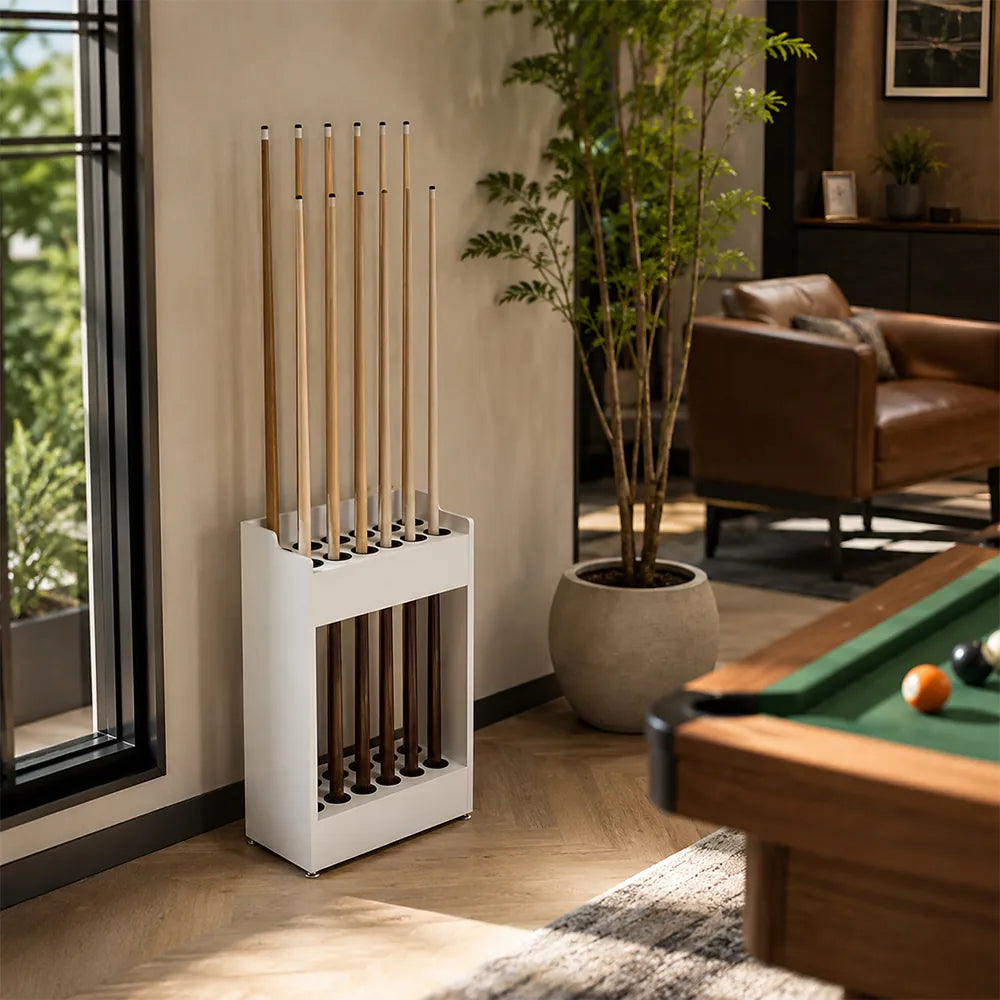 ARIX Pool Cue Rack Integrated Metal Frame Double Row 12-Hole Billiard Cue Stand for Home Game Room Bar & Club - White
