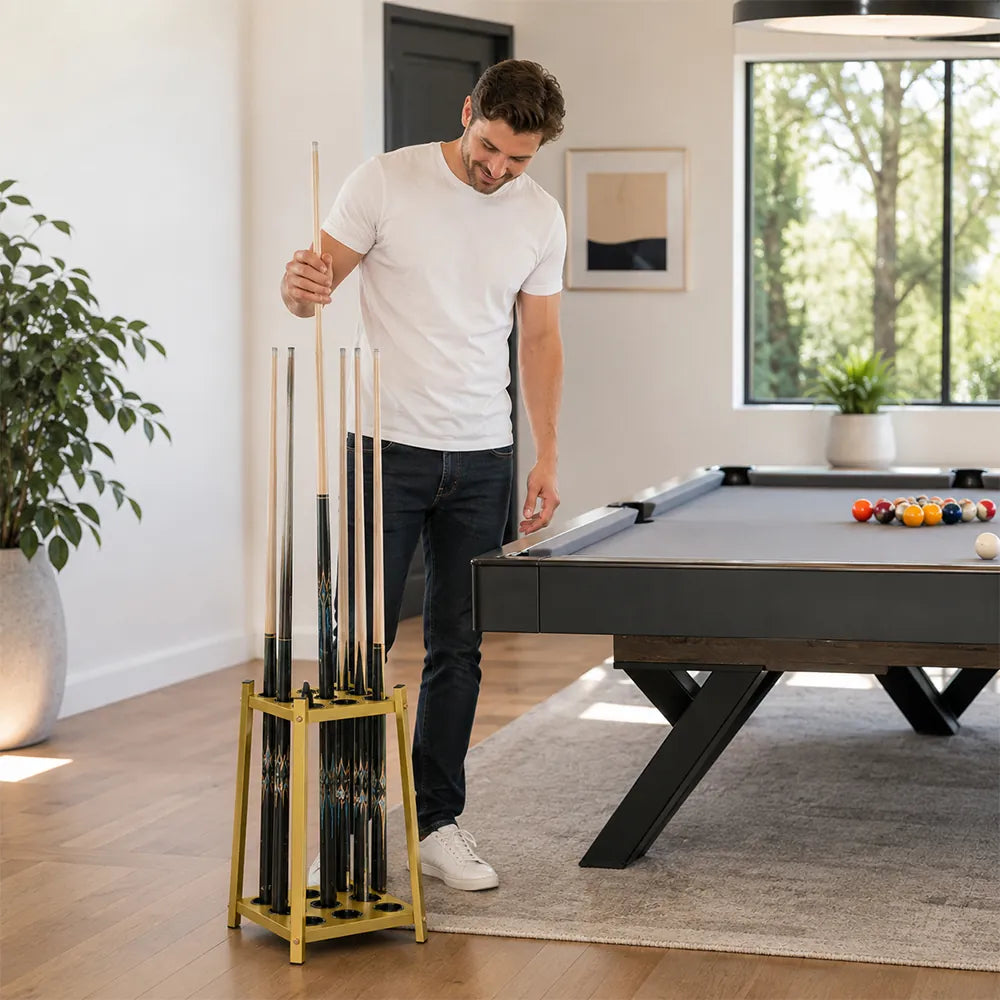 ARIX Billiard Cue Rack 8 Slot Thickened Metal Frame Cue Holder Stand Stable Storage Organizer for Home Game Room Pool Hall & Bar - Gold