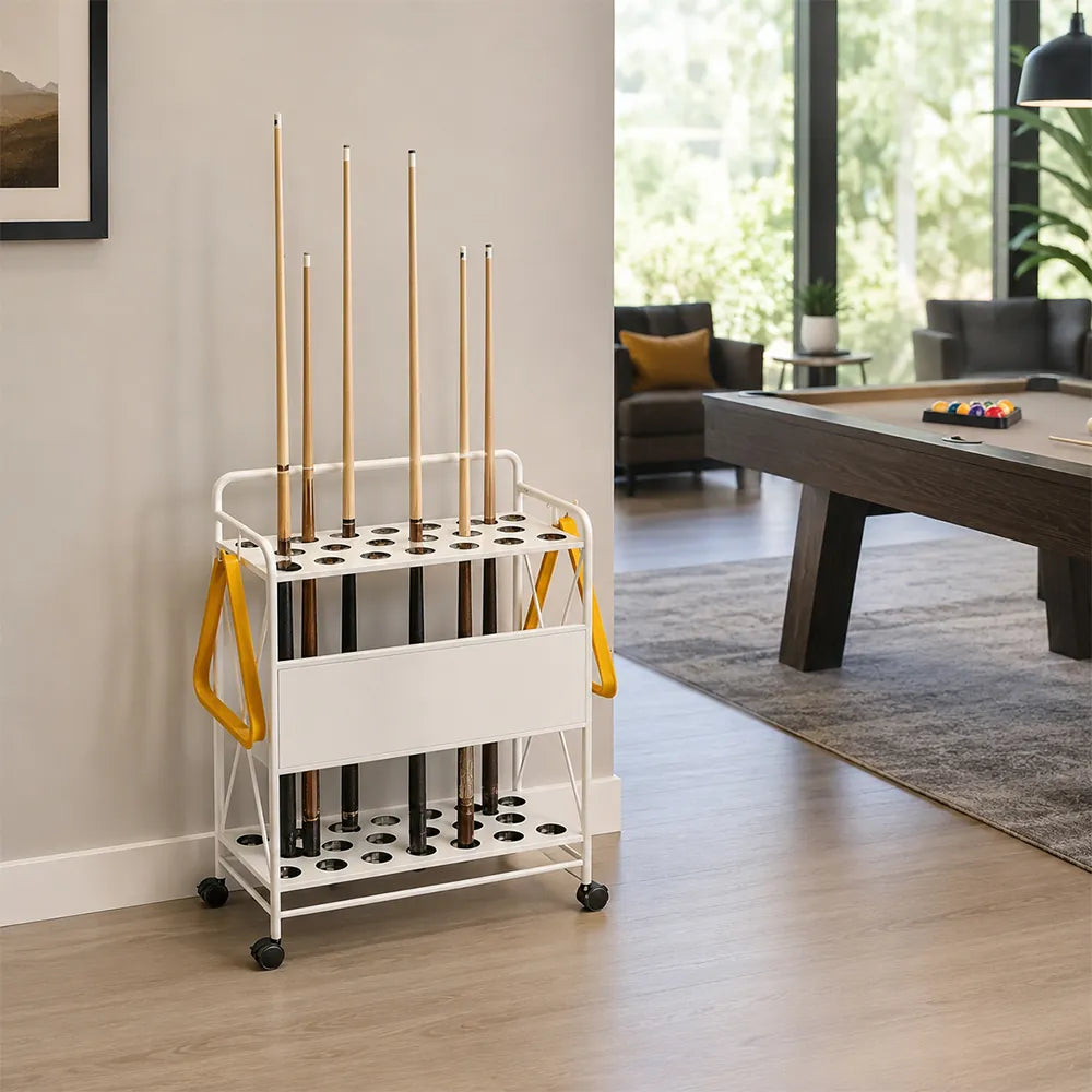 ARIX Billiard Cue Rack Carbon Steel Frame 20 Slot Large Capacity Cue Holder with Wheels for Home Game Room Pool Hall & Bar - White