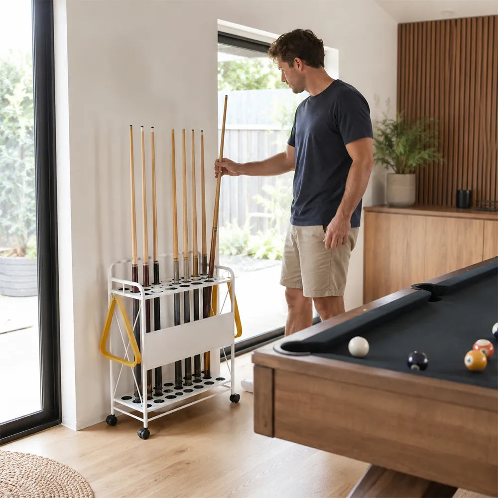 ARIX Billiard Cue Rack Carbon Steel Frame 20 Slot Large Capacity Cue Holder with Wheels for Home Game Room Pool Hall & Bar - White