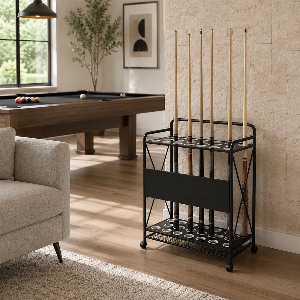 ARIX Billiard Cue Rack Carbon Steel Frame 20 Slot Large Capacity Cue Holder with Wheels for Home Game Room Pool Hall & Bar - Black