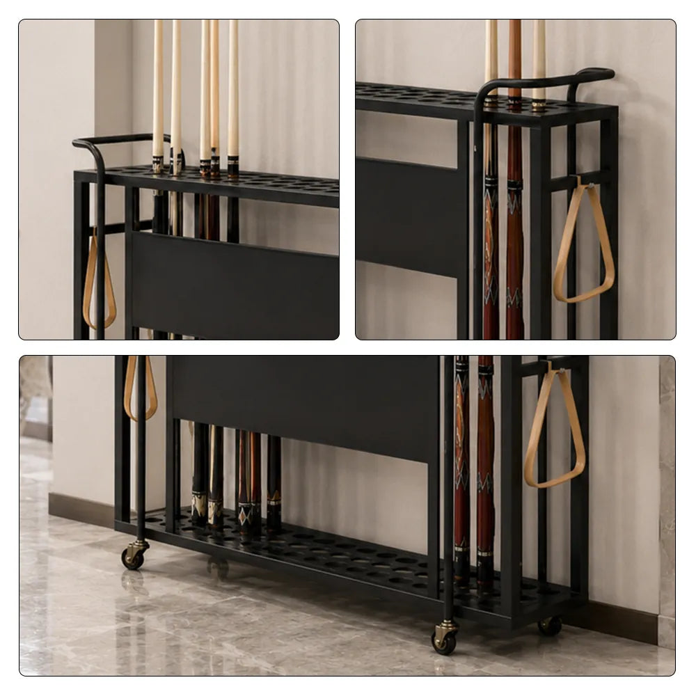 ARIX Billiard Cue Rack 61 Slot Carbon Steel Frame Large Capacity Cue Storage Stand with Brake Wheels for Pool Hall Club & Home Game Room - Black