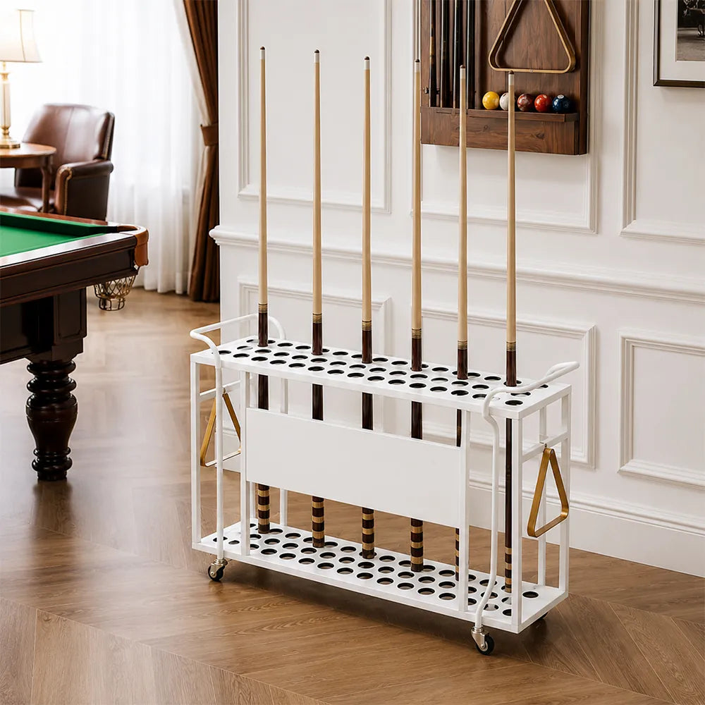 ARIX Billiard Cue Rack 61 Slot Carbon Steel Frame Large Capacity Cue Storage Stand with Brake Wheels for Pool Hall Club & Home Game Room - White