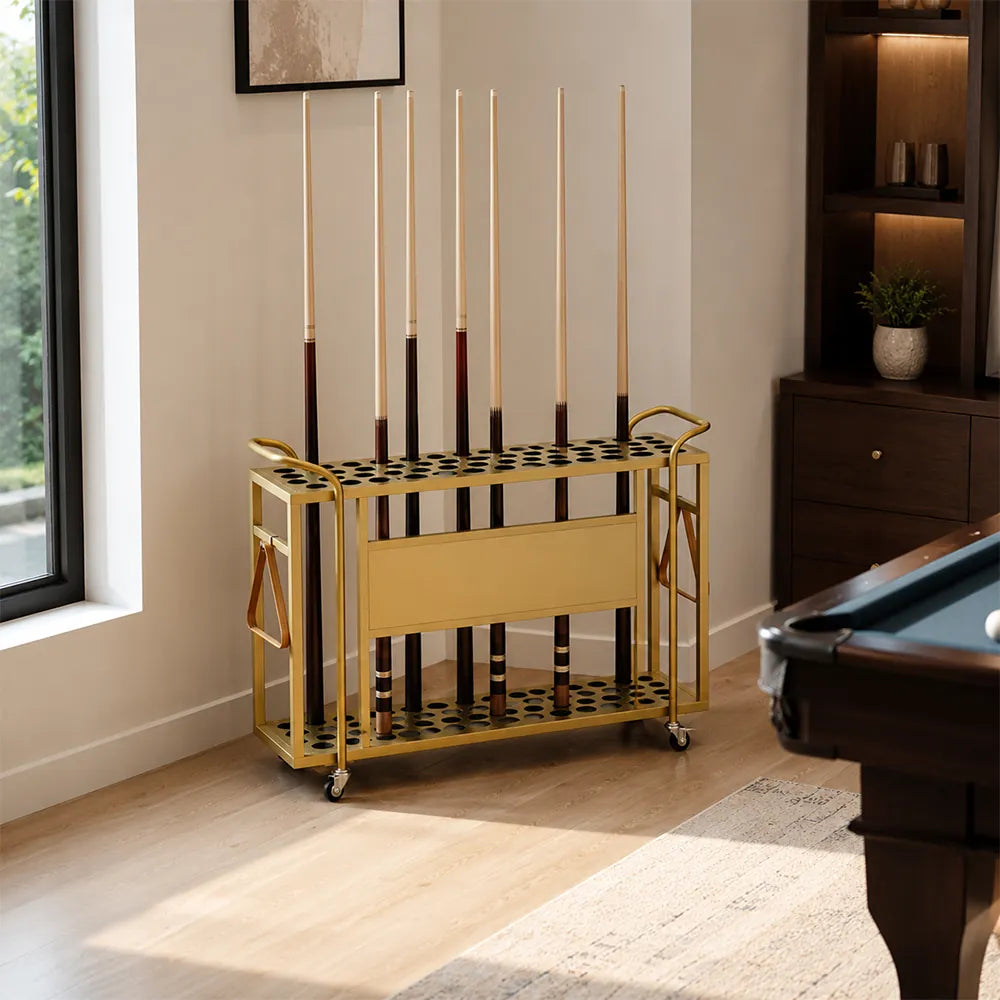 ARIX Billiard Cue Rack 61 Slot Carbon Steel Frame Large Capacity Cue Storage Stand with Brake Wheels for Pool Hall Club & Home Game Room - Gold