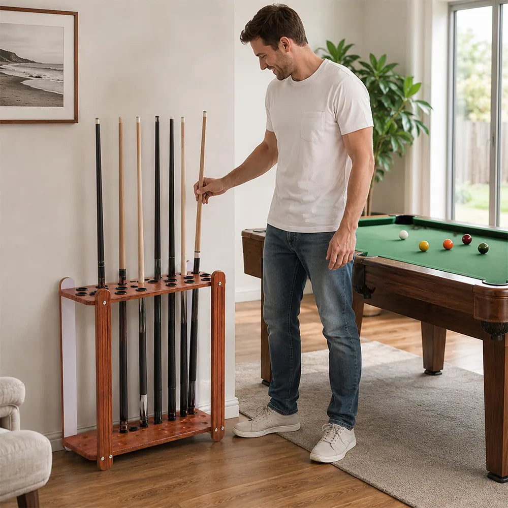 ARIX Billiard Cue Rack 18 Slot Wood Grain Cue Storage Stand Stable Board Structure Easy Assembly for Home Game Room Pool Hall & Bar - Brown