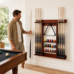 ARIX Wall Mounted Billiard Cue Rack Solid Oak Wood Cue Holder with Rubber Clips Space Saving Storage for Home Game Room Pool Hall & Bar - Red