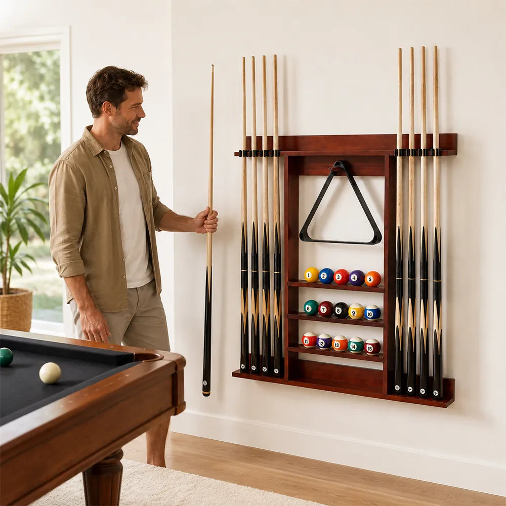 ARIX Wall Mounted Billiard Cue Rack Solid Oak Wood Cue Holder with Rubber Clips Space Saving Storage for Home Game Room Pool Hall & Bar - Red