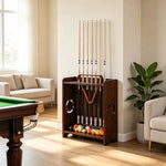 ARIX Billiard Cue Rack 8 Slot Solid Oak Wood and Metal Storage Stand Precise Cue Holder with Accessory Storage for Home Game Room Pool Hall & Club - Brown