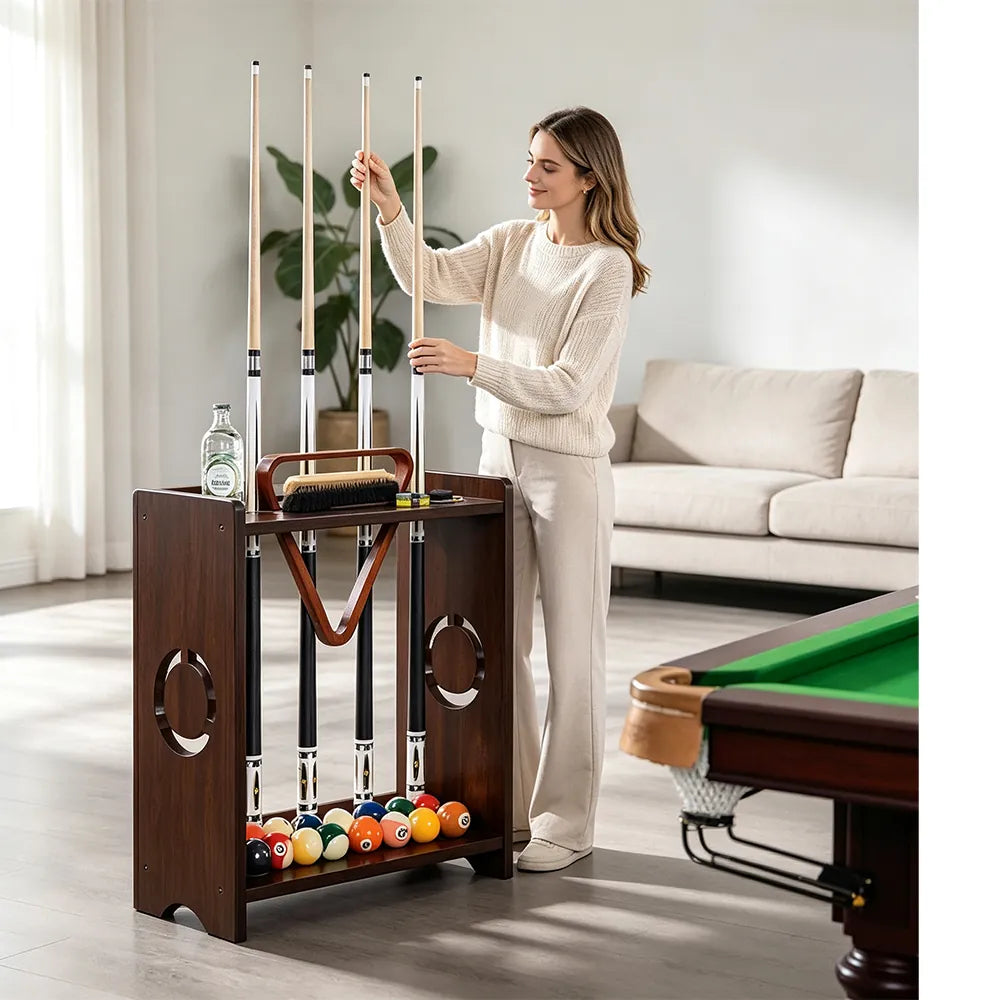 ARIX Billiard Cue Rack 8 Slot Solid Oak Wood and Metal Storage Stand Precise Cue Holder with Accessory Storage for Home Game Room Pool Hall & Club - Brown