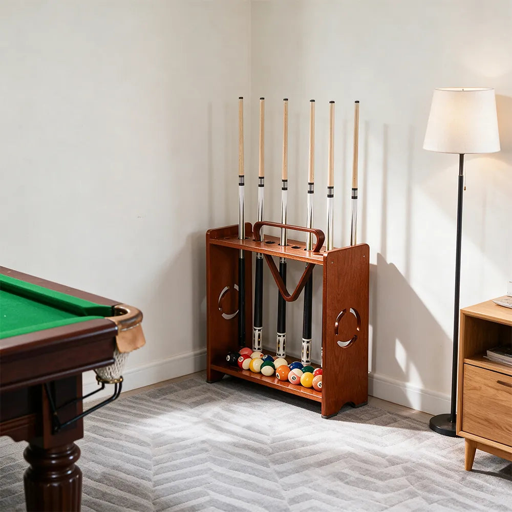 ARIX Billiard Cue Rack 8 Slot Solid Oak Wood and Metal Storage Stand Precise Cue Holder with Accessory Storage for Home Game Room Pool Hall & Club - Walnut