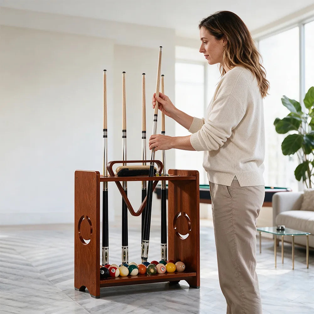 ARIX Billiard Cue Rack 8 Slot Solid Oak Wood and Metal Storage Stand Precise Cue Holder with Accessory Storage for Home Game Room Pool Hall & Club - Walnut
