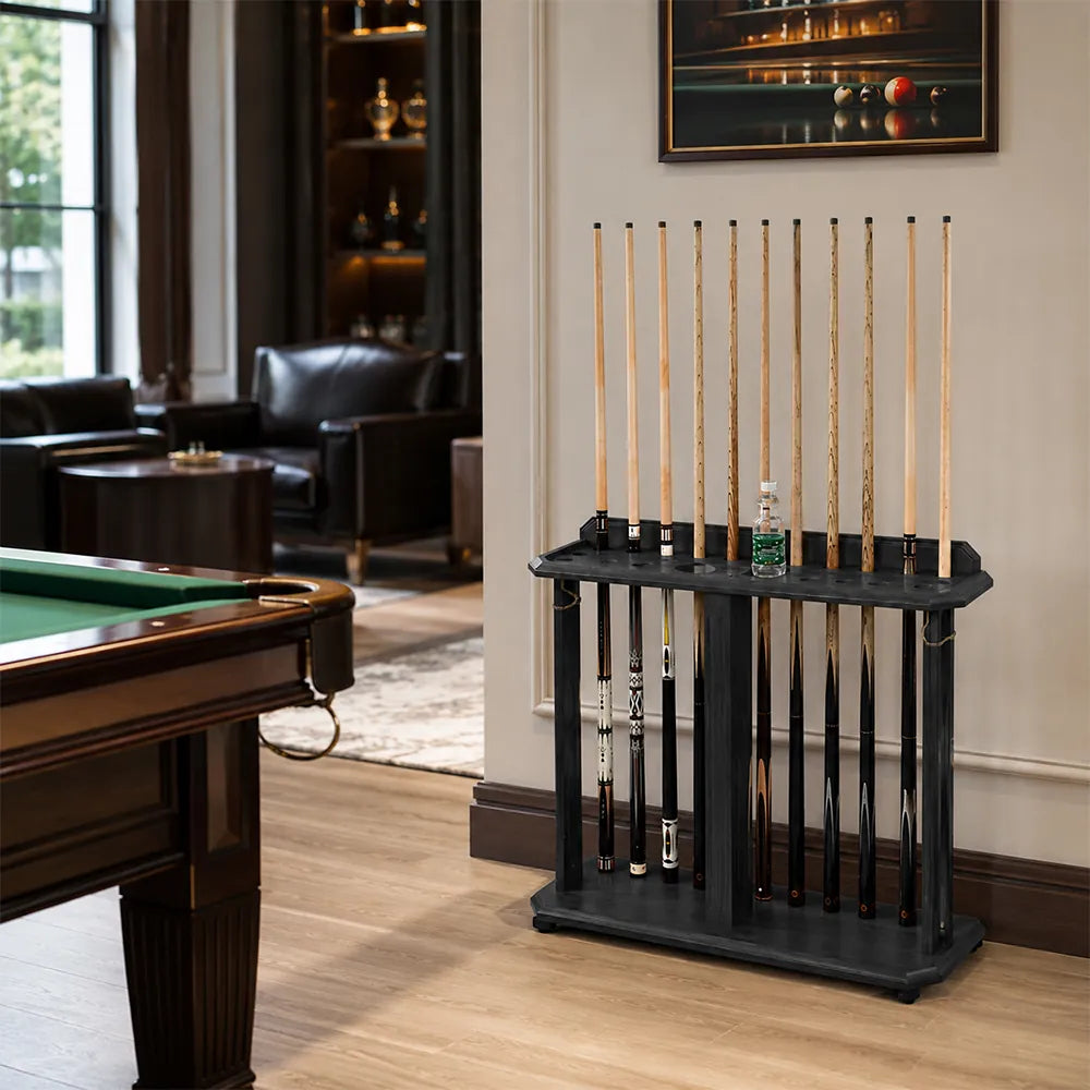 ARIX Billiard Cue Rack 10 Slot Solid Oak Wood and Metal Storage Stand Precise Cue Holder with Accessory Storage for Home Game Room Pool Hall & Club - Black