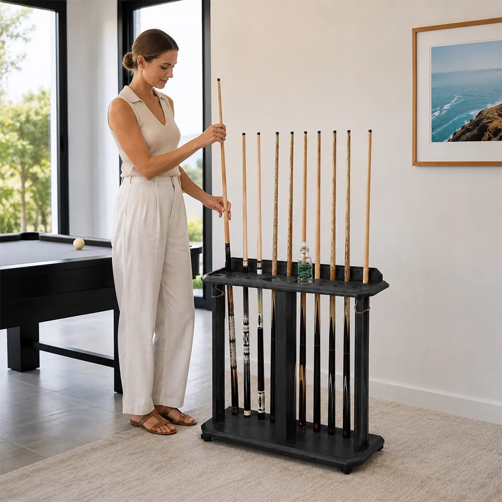 ARIX Billiard Cue Rack 10 Slot Solid Oak Wood and Metal Storage Stand Precise Cue Holder with Accessory Storage for Home Game Room Pool Hall & Club - Black