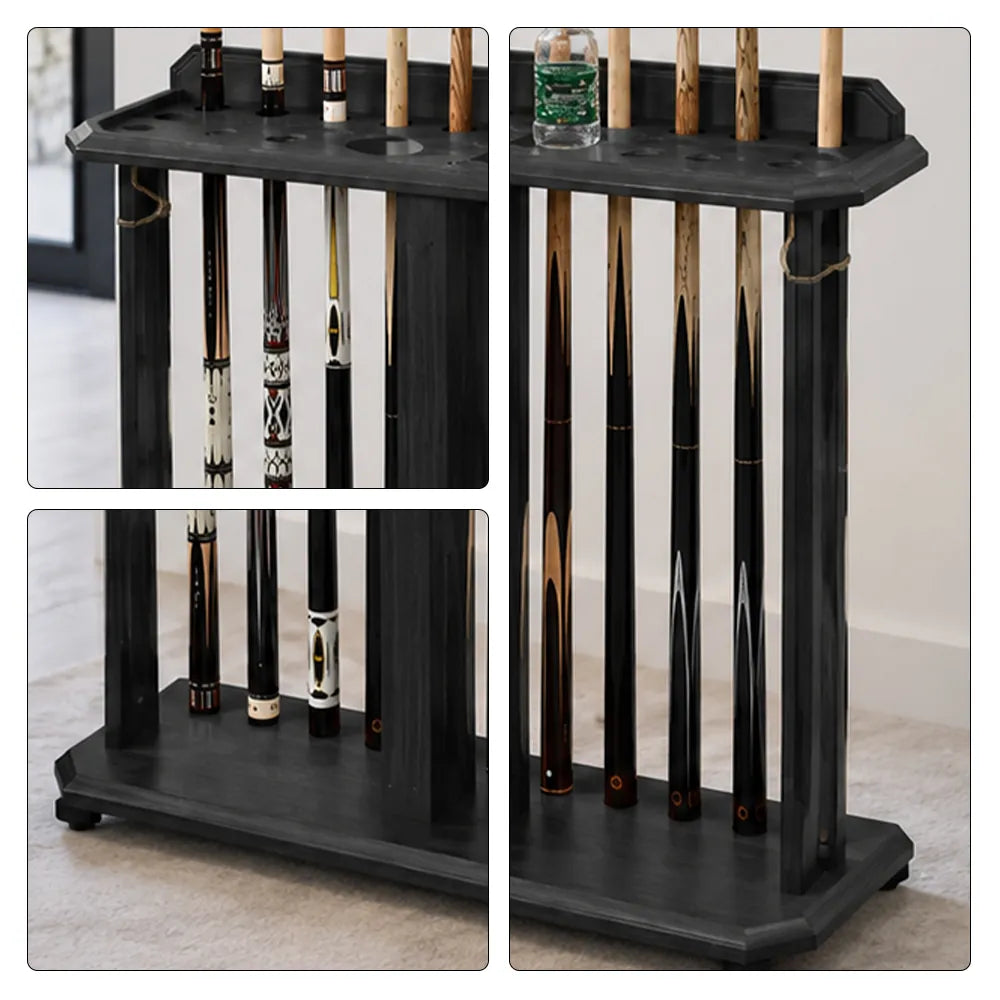 ARIX Billiard Cue Rack 10 Slot Solid Oak Wood and Metal Storage Stand Precise Cue Holder with Accessory Storage for Home Game Room Pool Hall & Club - Black
