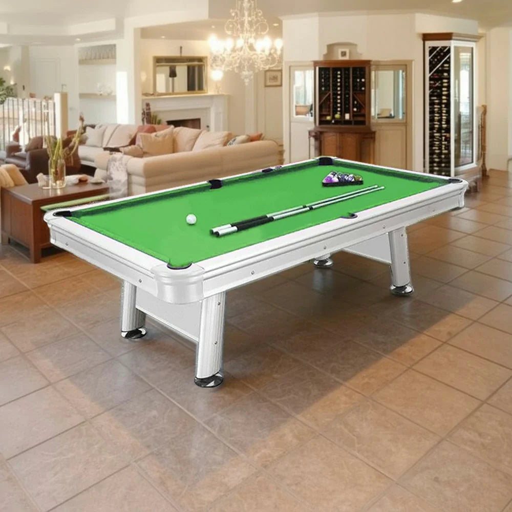 CUETIQ 8FT Pool Table Free Frame, White Steel Package Carbon Aluminium - Waterproof Body, Accessories Rails, - Outdoor Green