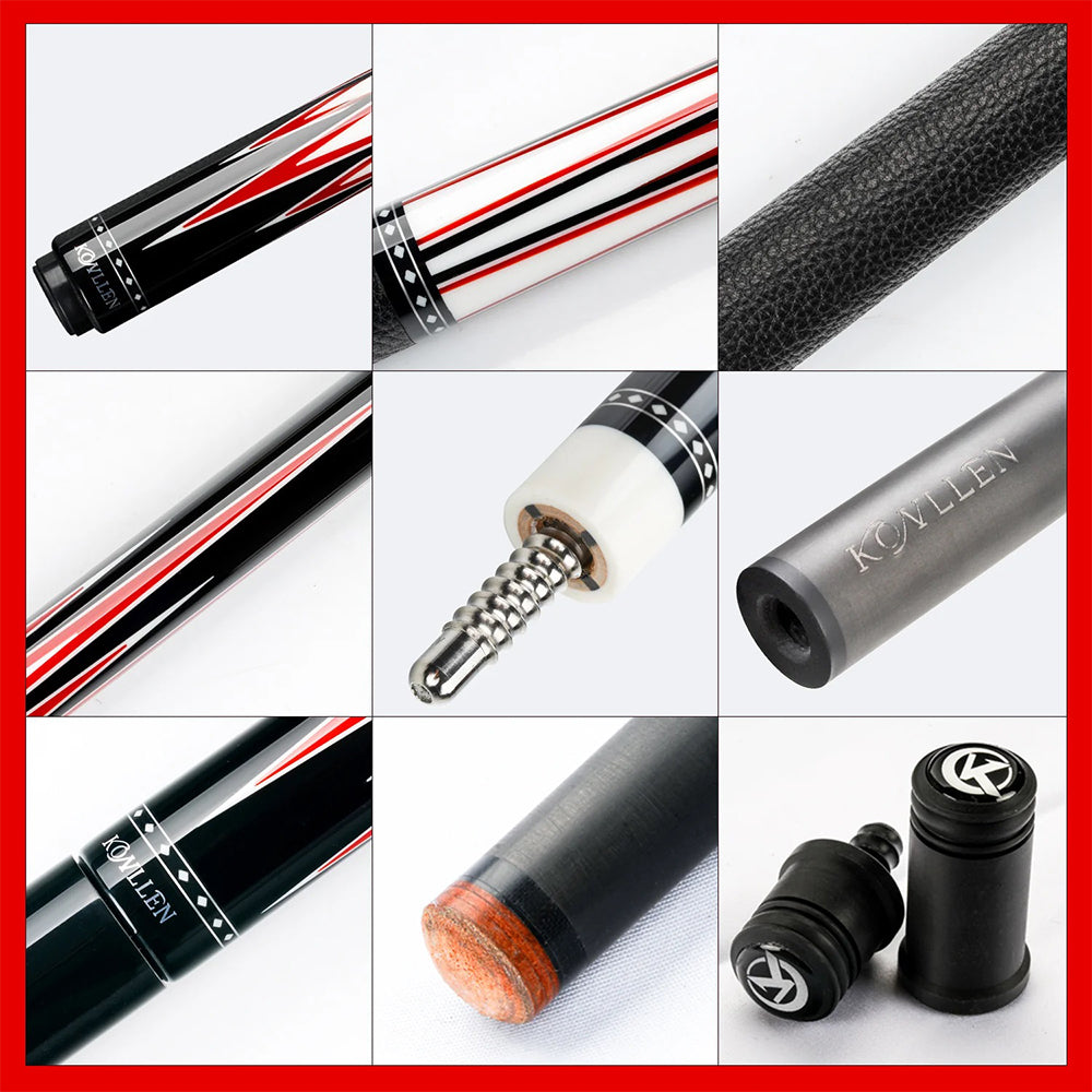 KONLLEN Billiard AK75-001 Pool Black Premier Ebony - Professional Cue Wood 18.5-20OZ 147CM 2-Piece Cue Red&Black
