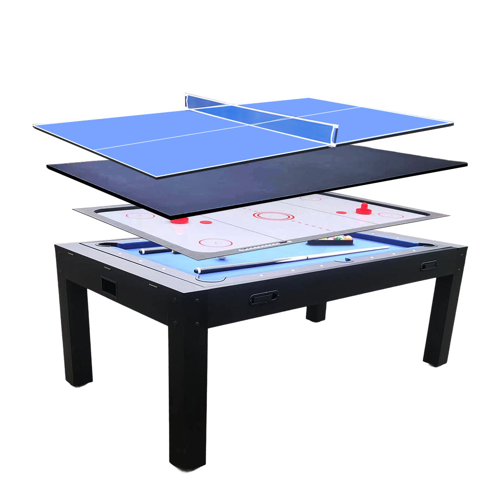 CUETIQ 7FT Accessories Table Tennis Table 4-IN-1 Table/ Air Convertible Table/ Billiards MDF Table Hockey/ - Multi-function Free Dining Black&Blue
