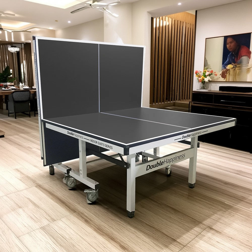 DOUBLE HAPPINESS Tennis Table 25mm Pingpong Table Indoor - Bats Play Solo Premium Black&Blue&Red Balls Foldable Net