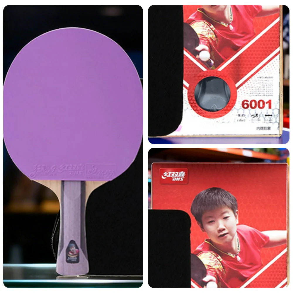 DHS 6-Star Shakehand Table Tennis Paddle -7-Ply Pure Wood PRO Offensive Blade with Hurricane 3 and Hurricane 9, Spin and Speed Performance, Durable Edge Guard -Purple