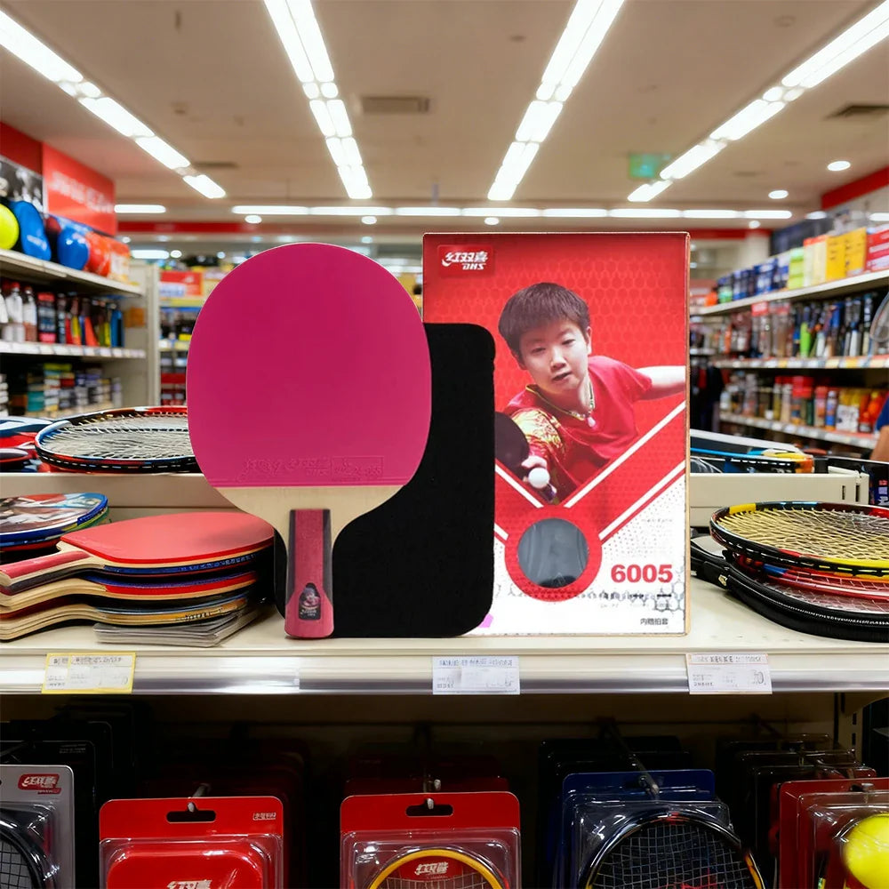 DHS 6-Star Penhold Table Tennis Paddle -7-Ply Pure Wood PRO Offensive Blade with Hurricane 3 and Hurricane 9, Balanced Spin and Speed -Pink