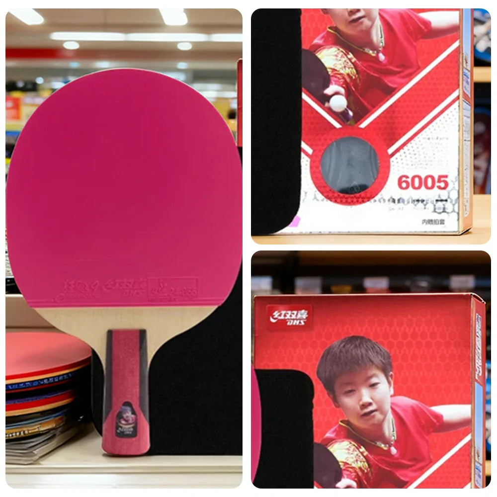 DHS 6-Star Penhold Table Tennis Paddle -7-Ply Pure Wood PRO Offensive Blade with Hurricane 3 and Hurricane 9, Balanced Spin and Speed -Pink