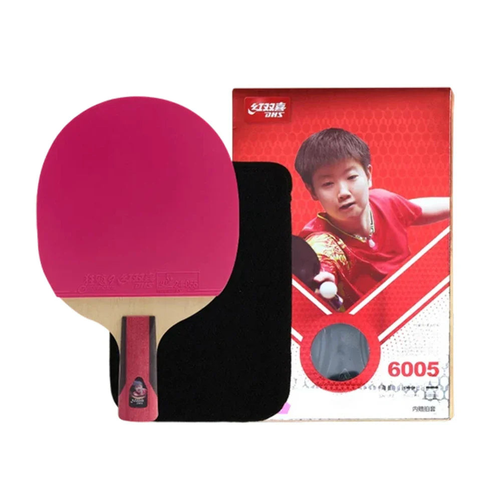 DHS 6-Star Penhold Table Tennis Paddle -7-Ply Pure Wood PRO Offensive Blade with Hurricane 3 and Hurricane 9, Balanced Spin and Speed -Pink
