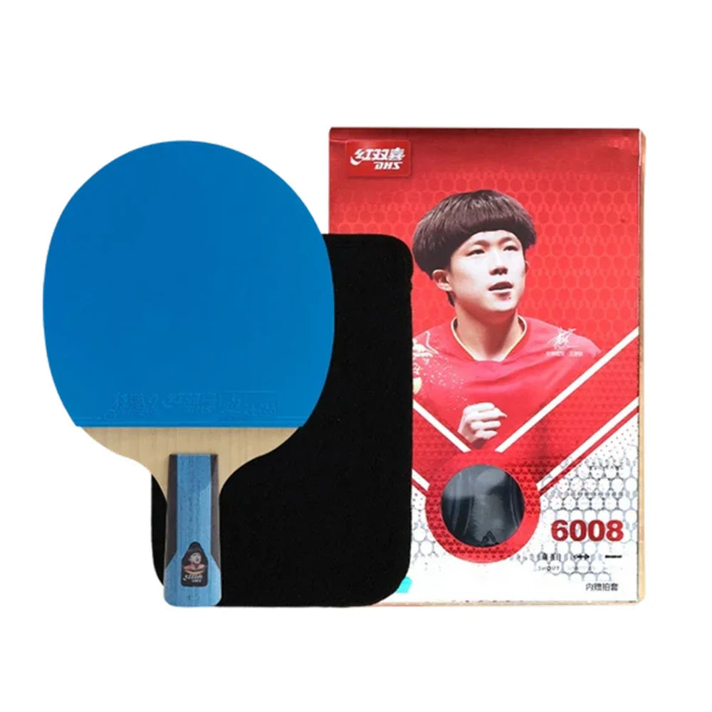 DHS 6-Star Penhold Table Tennis Paddle -7-Ply Pure Wood PRO Offensive Blade with Hurricane 3 and Hurricane 9, Offensive Spin and Speed Performance -Blue