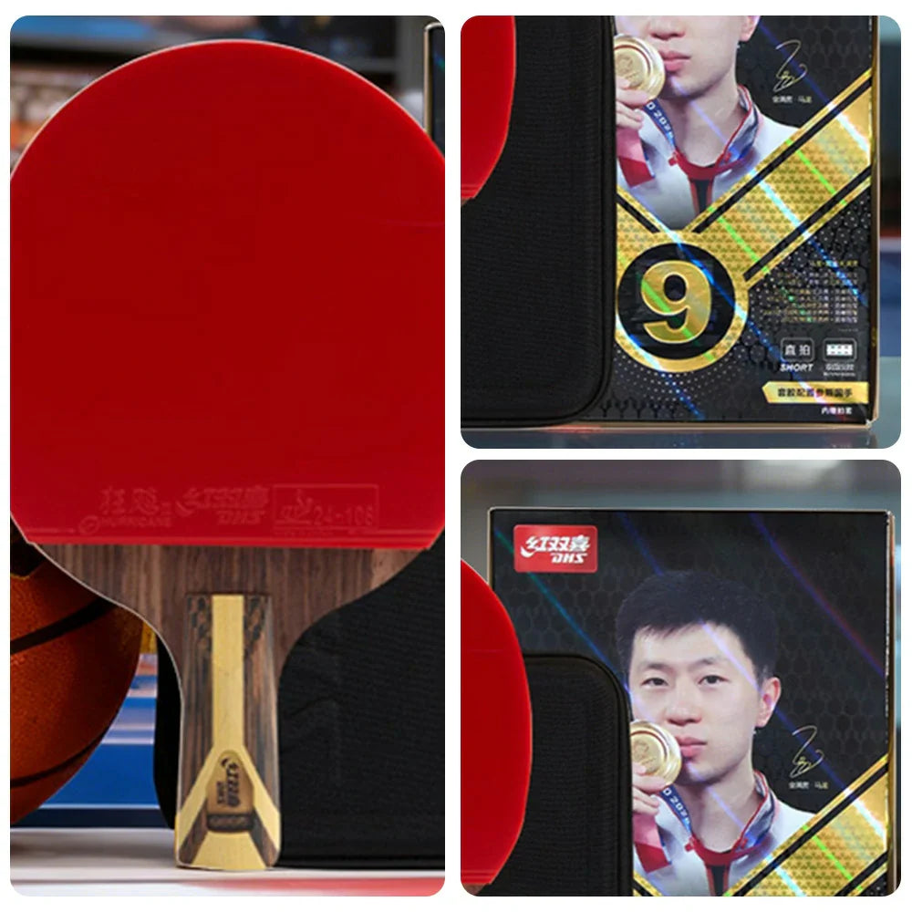 DHS 9-Star Penhold Table Tennis Paddle Set -PRO Arylate-Carbon Blade with Hurricane 3 and Hurricane 8 Rubbers, Faster Speed and Strong Spin, Includes 6 Balls and Case -Red